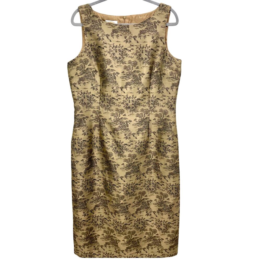 Vintage 90s Talbots Gold Jacquard Sheath Dress Toile Print Cocktail Size 14